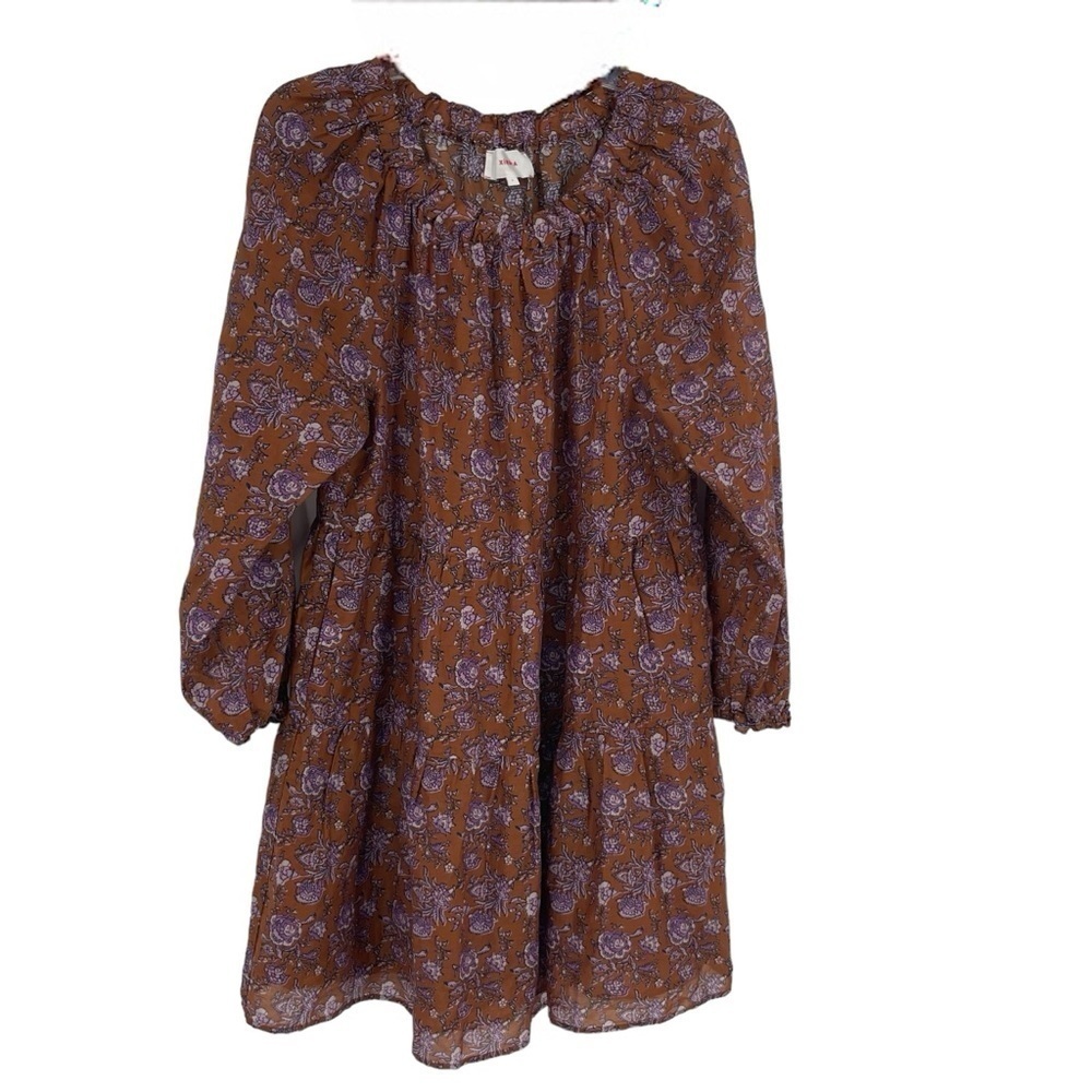 Xirena Dolly Dress Size Small Brown Purple Floral Boho Balloon Sleeves Pockets